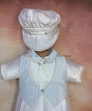 Load image into Gallery viewer, Felix_ws_ss_lp boy 100% white silk with waffle sky blue vest short sleeve/long pant matching newsboy cap-Piccolo Bacio Christening-Nenes Lullaby Boutique Inc