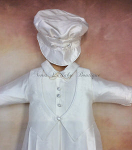 Frank 100% all white silk Christening outfits long sleeve/long pant with matching newsboy cap-Piccolo Bacio Christening-Nenes Lullaby Boutique Inc