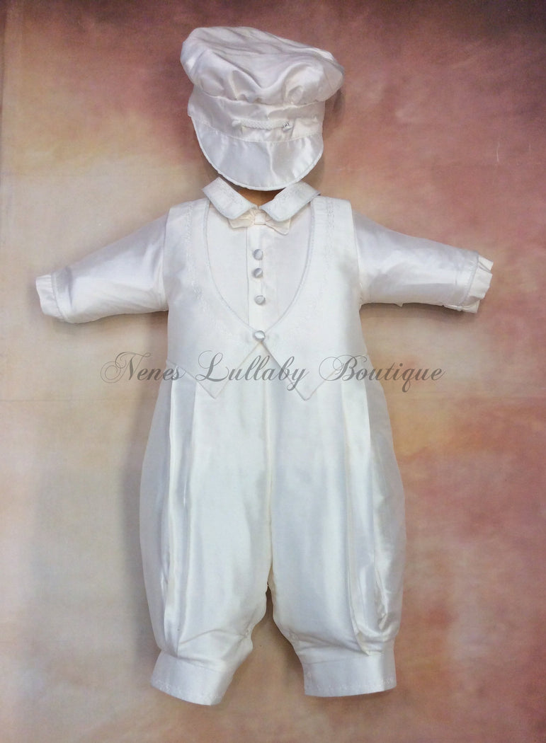 Frank 100% all white silk Christening outfits long sleeve/long pant with matching newsboy cap-Piccolo Bacio Christening-Nenes Lullaby Boutique Inc