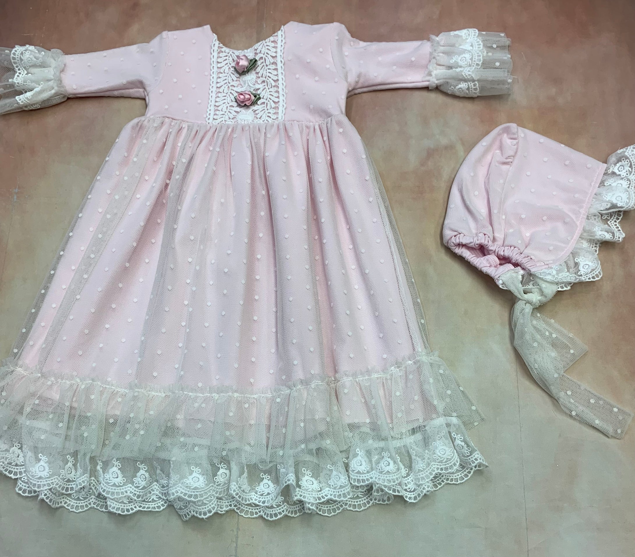 Frilly Frocks Pink baby layette Gown with matching Bonnet