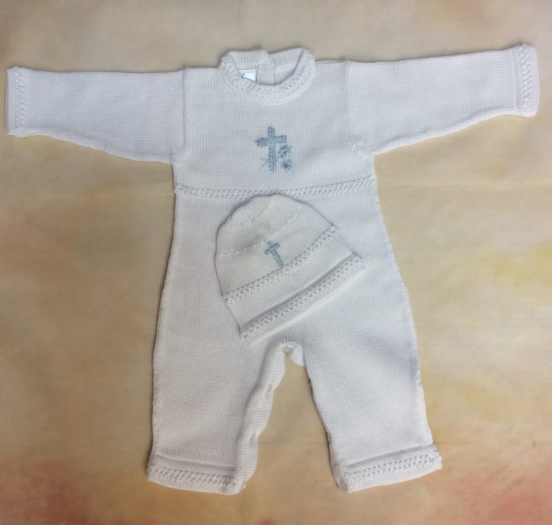 ATKSP90WB Boys Christening Knit outfit w/blue Cross long sleeve/long pant-Nenes Lullaby Boutique Inc-Nenes Lullaby Boutique Inc