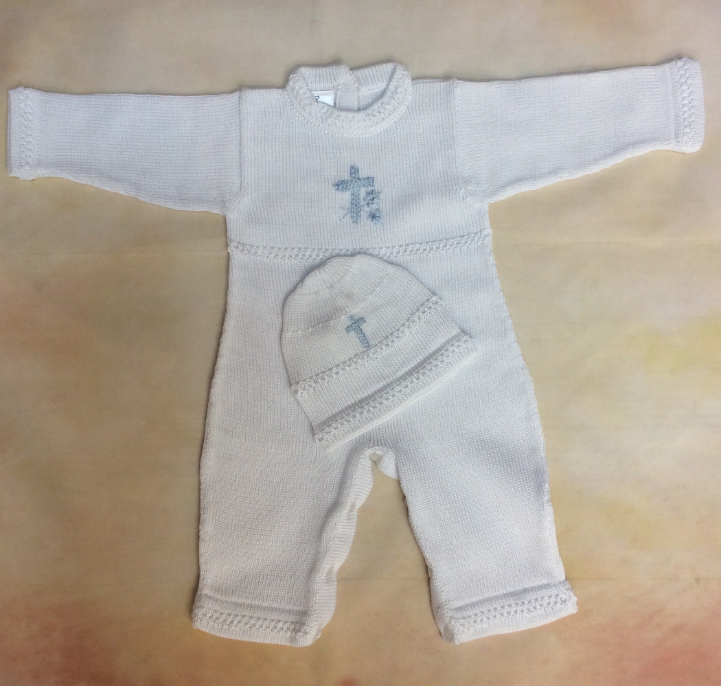 ATKSP90WB Boys Christening Knit outfit w/blue Cross long sleeve/long pant-Nenes Lullaby Boutique Inc-Nenes Lullaby Boutique Inc