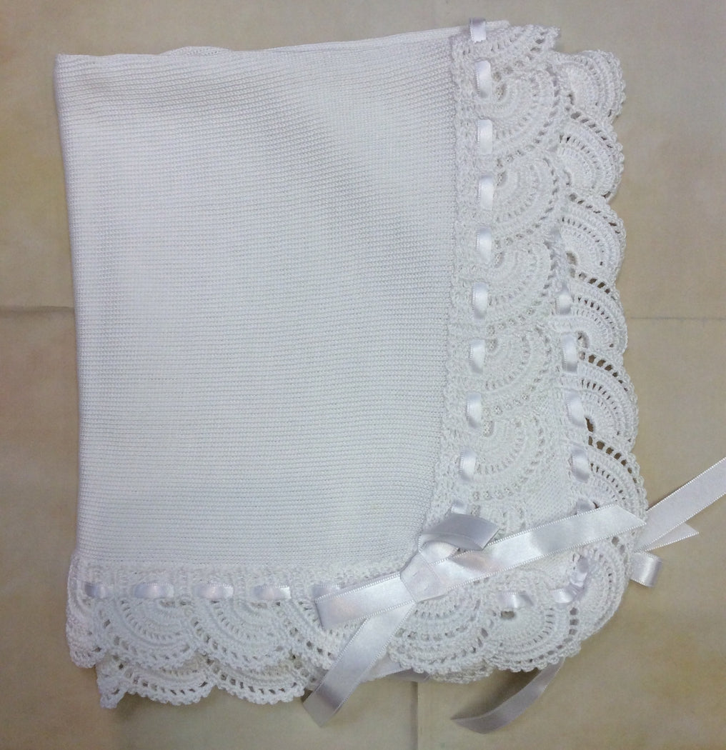 ATMM12W/W/R White 100 % Cotton Knit Blanket hand Crochet edge w/ribbon-Nenes Lullaby Boutique Inc-Nenes Lullaby Boutique Inc