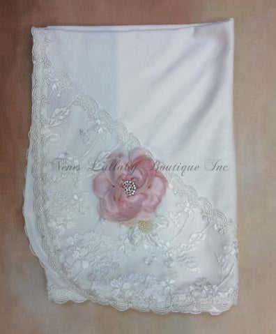 Elise Vintage lace with rolled flower accents baby girl receiving blanket-Katie Rose-Nenes Lullaby Boutique Inc
