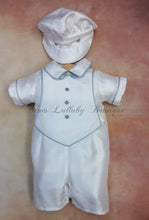 Load image into Gallery viewer, Luigi_sh_ss_sp boys Shantung w/blue pip Short Sleeve Shorts with matching newsboy cap christening outfit-Piccolo Bacio Christening-Nenes Lullaby Boutique Inc