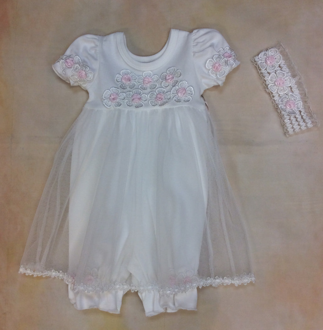 Baby Girl Ivory/Pink Romper Dress with Matching Headband M3536IP-Nenes Lullaby Boutique Inc-Nenes Lullaby Boutique Inc