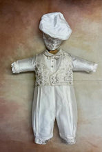 Load image into Gallery viewer, Gianni White Silk infant boy Christening / Baptism  Romper long sleeve Long pant matching cap by Piccolo Bacio