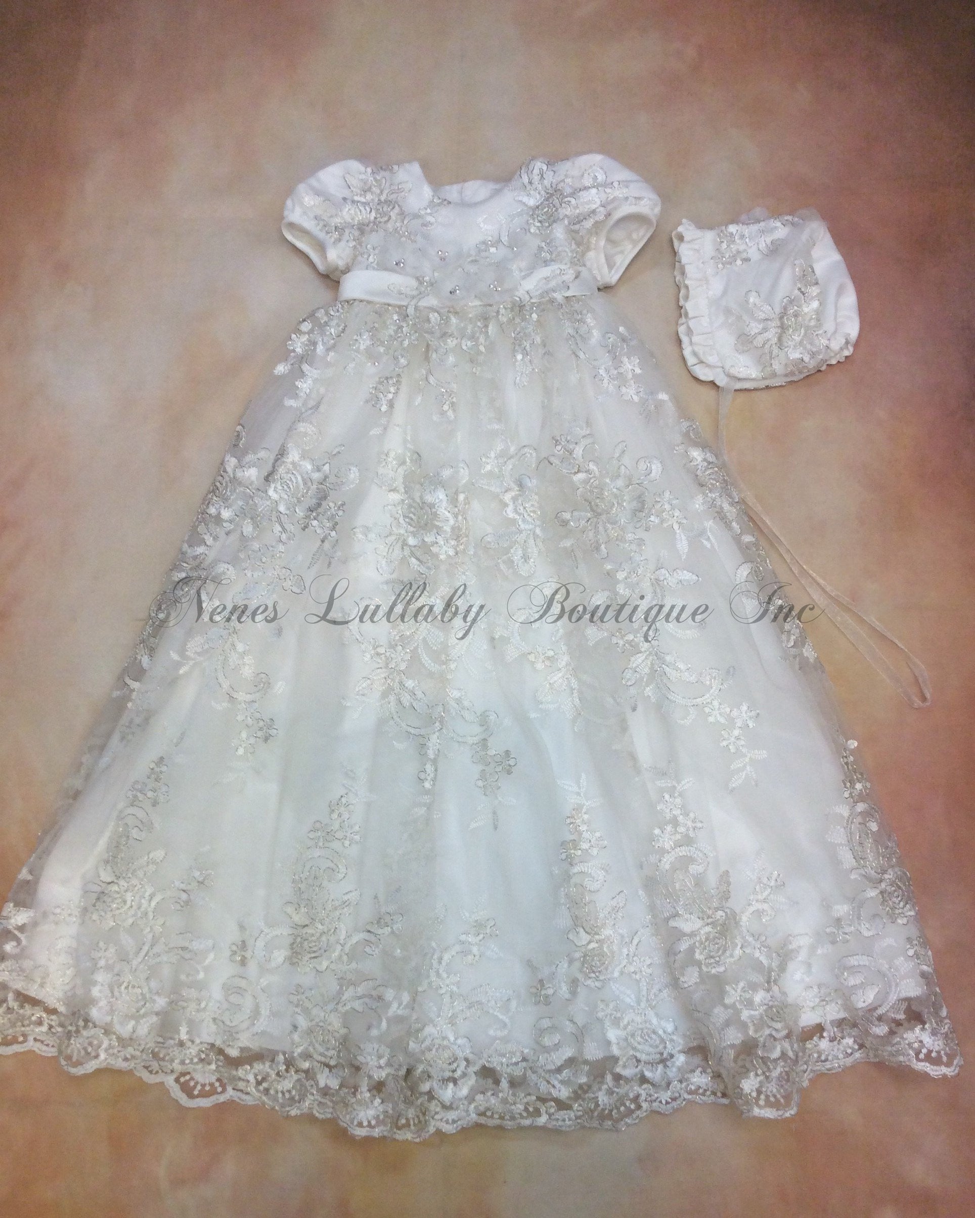 PD181335 Christening Gown with matching Bonnet All over silver/accent lace-Princess Daliana-Nenes Lullaby Boutique Inc