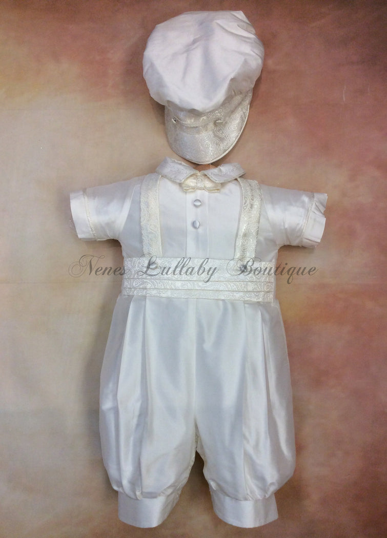 Renzo_sk_ss_kn Boy White Silk Christening outfit short sleeve, knicker pant matching newsboy cap-Piccolo Bacio Christening-Nenes Lullaby Boutique Inc