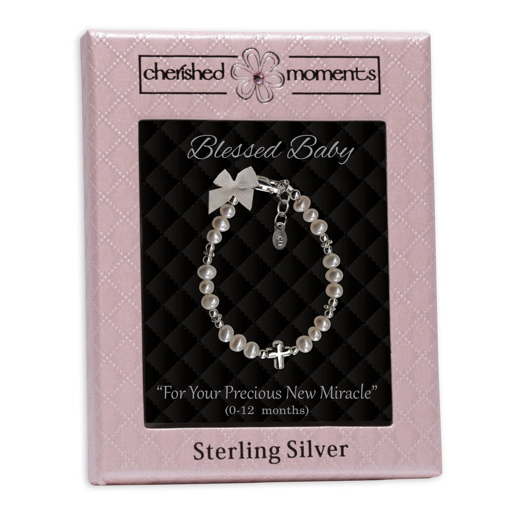 Girls Sterling Silver Pearl Cross Baby Bracelet Baptism Gift