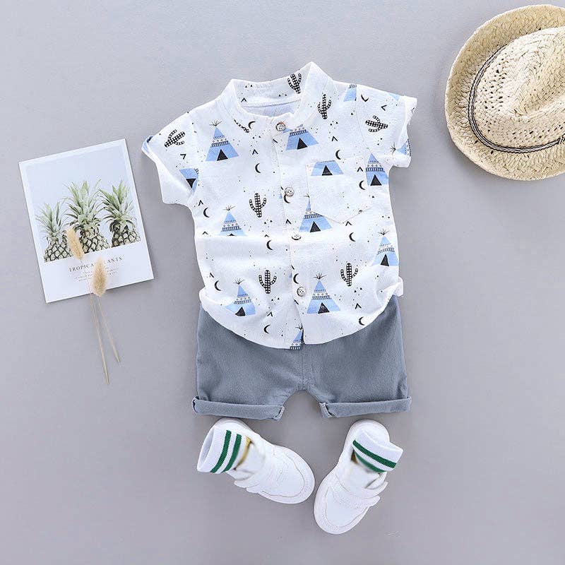 Cactus Print Short-sleeve Shirt and Pants Set: Blue / 0-3 Months