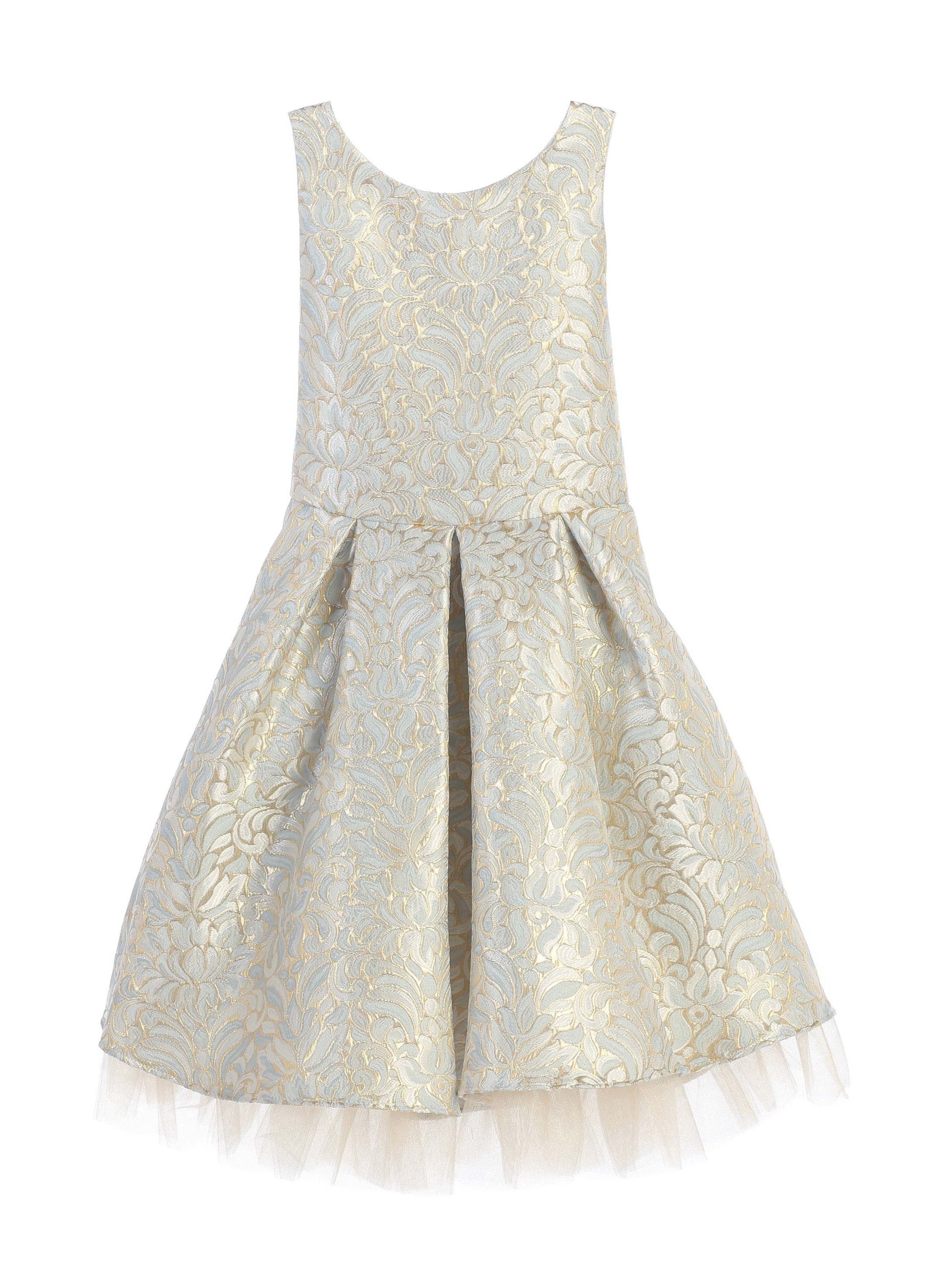 SK670 - ornate gold detail pleated jacquard cocktail dress