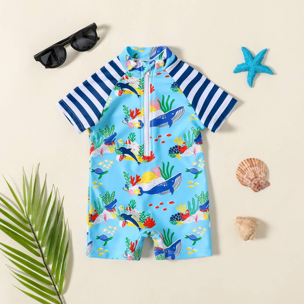 Baby Boy Ocean Animal Striped One-piece Swimsuit: 9-12 Months / Blue