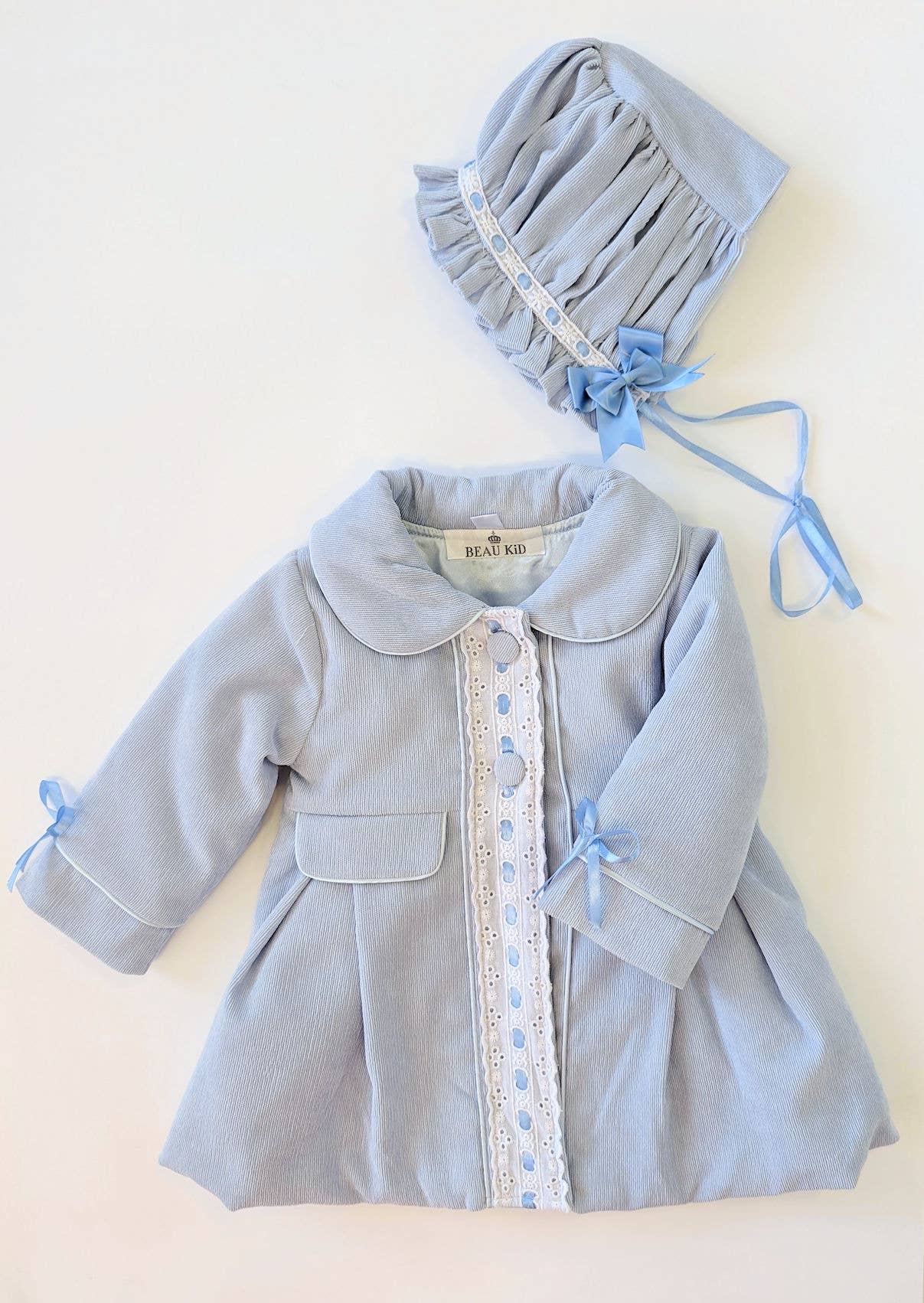 Beau Kids baby soft cord dress coat with matching bonnet