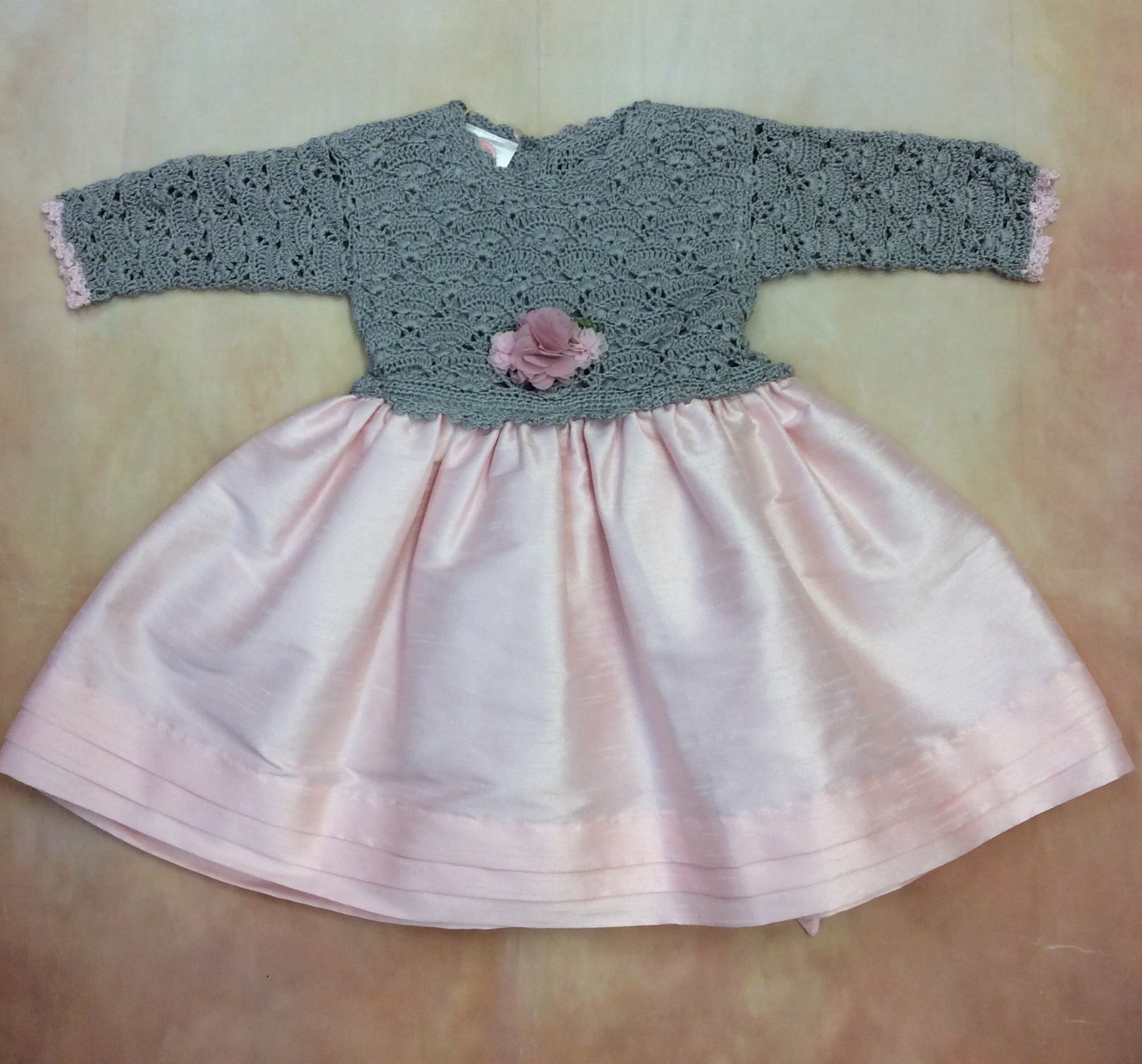 Hand Crotched gray top and Silk pink Skirt ADTSHPv004-Nenes Lullaby Boutique Inc-Nenes Lullaby Boutique Inc